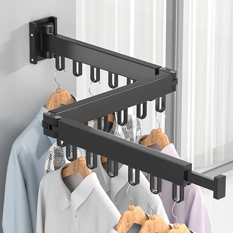 Folding Clothes Hanger Wall Mount Retractable Cloth Drying Rack Aluminum Laundry Clothesline Space Saving Drying Black A