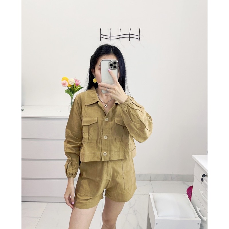 setelan wanita linen ,stelan crop lengan panjang celana pendek linen import.oneset top+hotpants