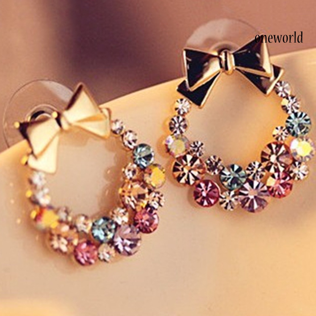 OW# Colorful Rhinestone Drop Earrings Bow Women Circle Hook Earrings Stud Earrings Fashion Jewelry