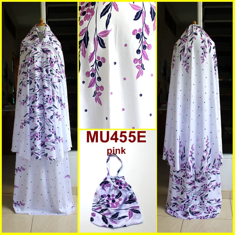 Termurah Mukena Bali Dewasa dan Remaja Dasar Putih Motif Daun - MU455E (Pink)
