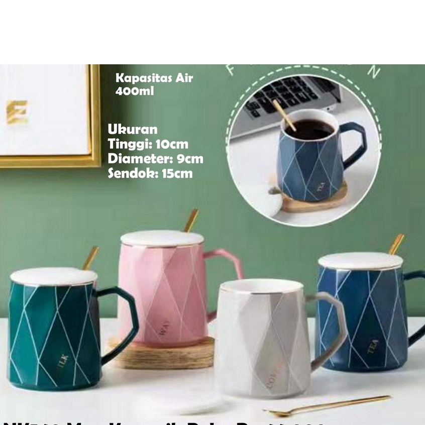 NK540 Mug/Gelas/Cangkir Keramik Warna Polos + Tutup + Sendok Stainless
