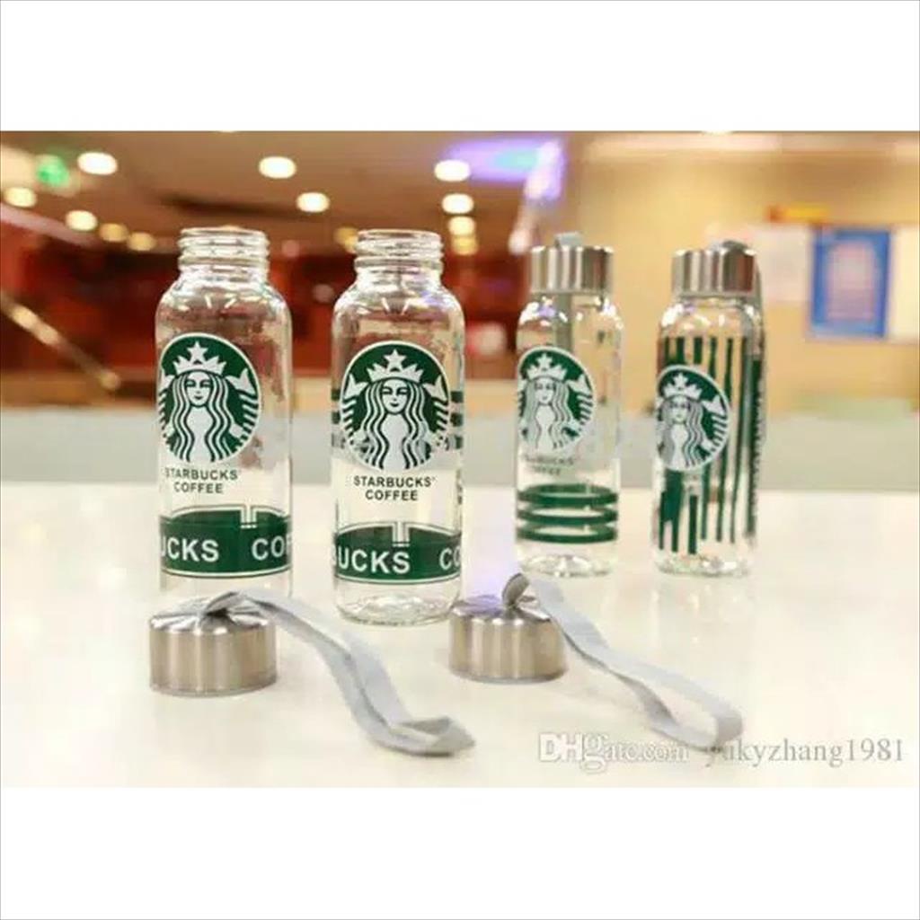 OTS 022 - Botol Minum Tumblr Kaca Starbuck 300ML + SARUNG POUCH Random