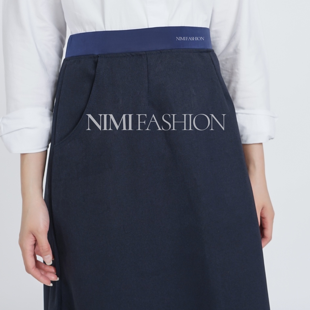 Rok Kerja Wanita Panjang Pinggang Karet Model A-line Formal Muslimah-Navy