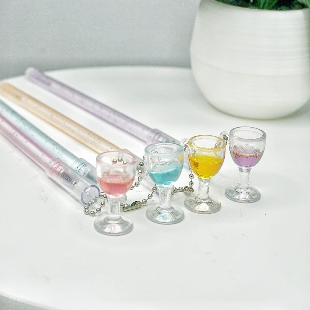 SELUSIN PULPEN GELAS ISI 12 PCS GANTUNGAN UNIK GEL PEN KARAKTER MINUMAN CANGKIR PENA BOLPEN