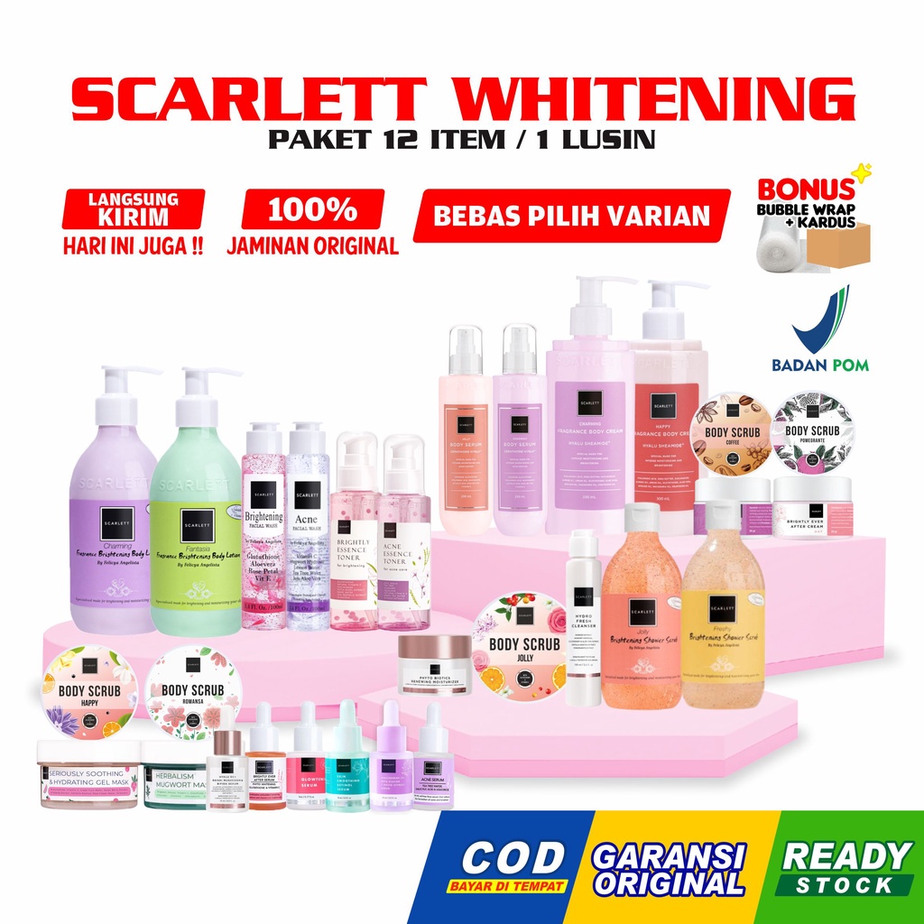 Scarlett Whitening 12 Item/ 1Lusin Varian Lengkap Hand Body Lotion Scrub Lulur Original By Felicya