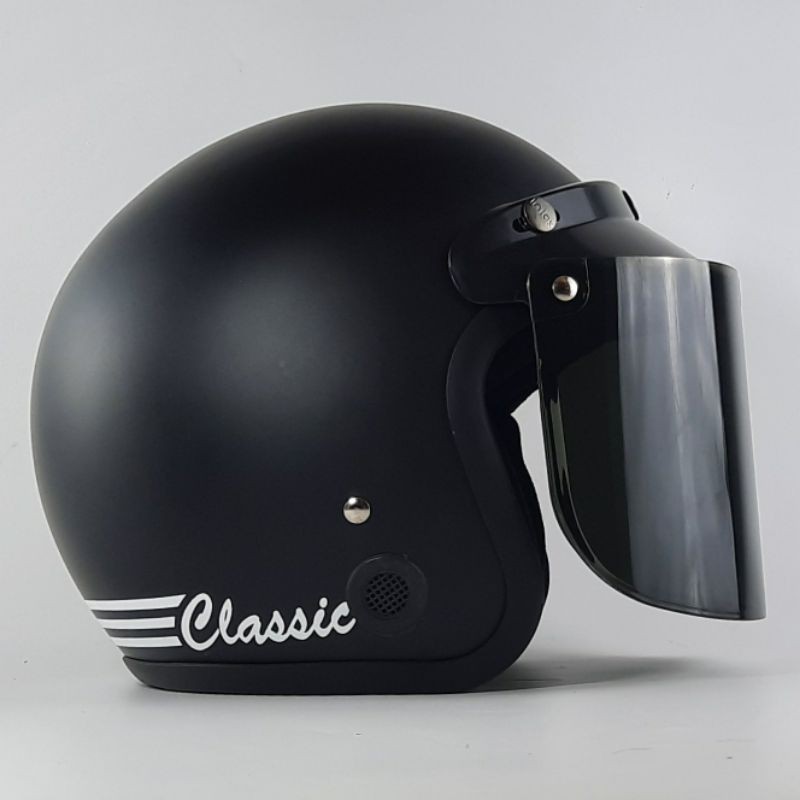 HELM BOGO DEWASA CEWEK COWOK POLOS CLASSIC STRIP HELM RETRO FULL LEHER SNI - HD HITAM DOFF