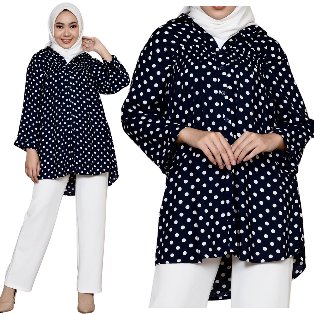 NHM Kemeja Wanita Kerja Santai, Baju Atasan Oversize Motif Polka