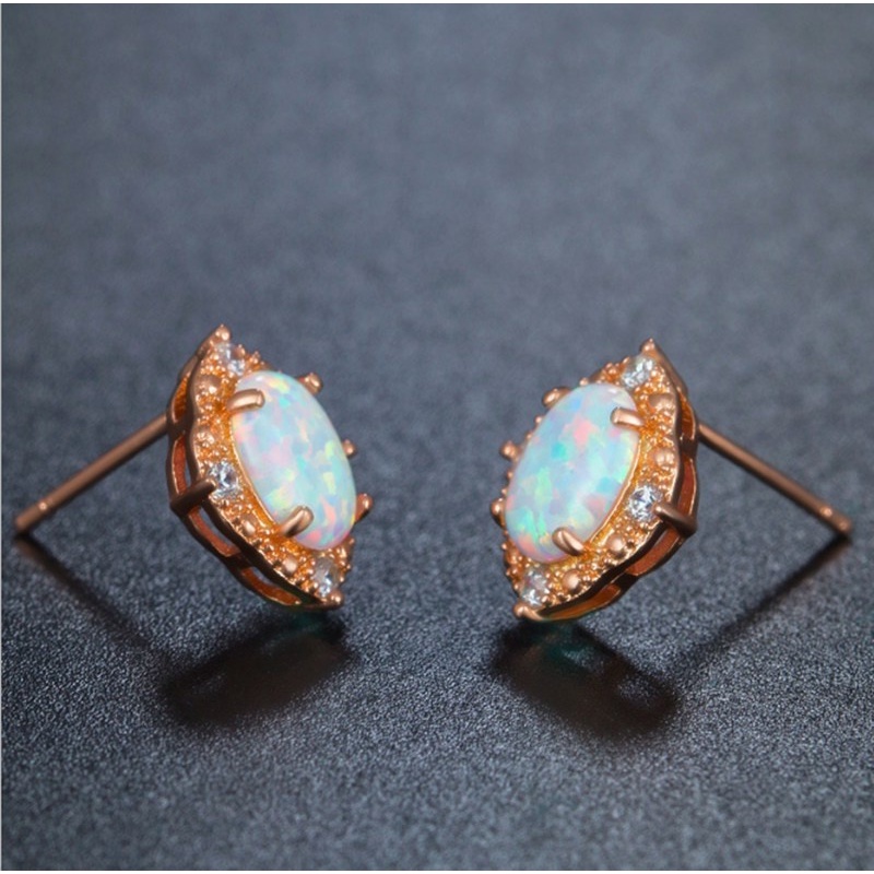 Fashion Jewelry Stud Earrings Rhombic Pattern Earring With White Oval Opal For Women Gifts