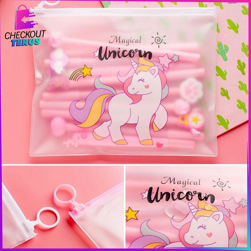 CT A15 Pulpen Gel Karakter Lucu Set Isi 20PCS Pulpen dengan Tempat Pensil Transparan Alat Tulis Stastionary Pena FREE Zipper Pouch