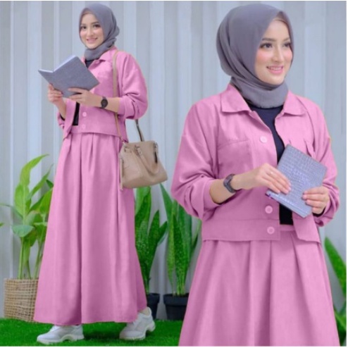 Setelan Kemeja Wanita Dewasa Kekinian Terbaru 2022 Stelan Fashion Muslim Setcel Polos Bahan Moscrepe