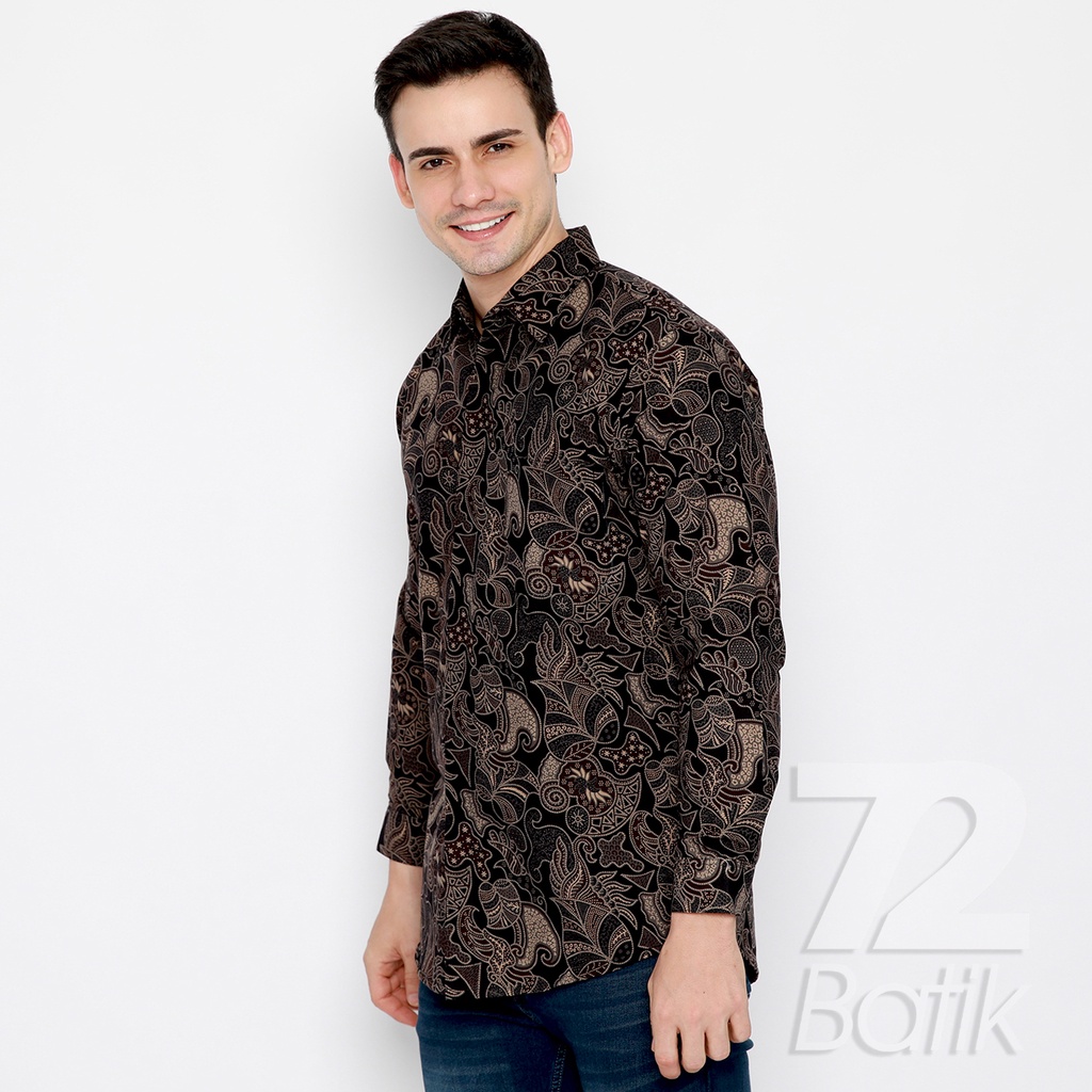 BATIK PRIA LENGAN PANJANG Kemeja Slimfit Premium Motif Elegant Warna Coklat Hitam 723386 Cap 72 - Baju Kemeja Atasan Pakaian Setelan Batik Pria Cowok Laki Laki Remaja Keluarga Kantor Lengan Panjang Modern Slimfit Slim Fit Premium Kekinian