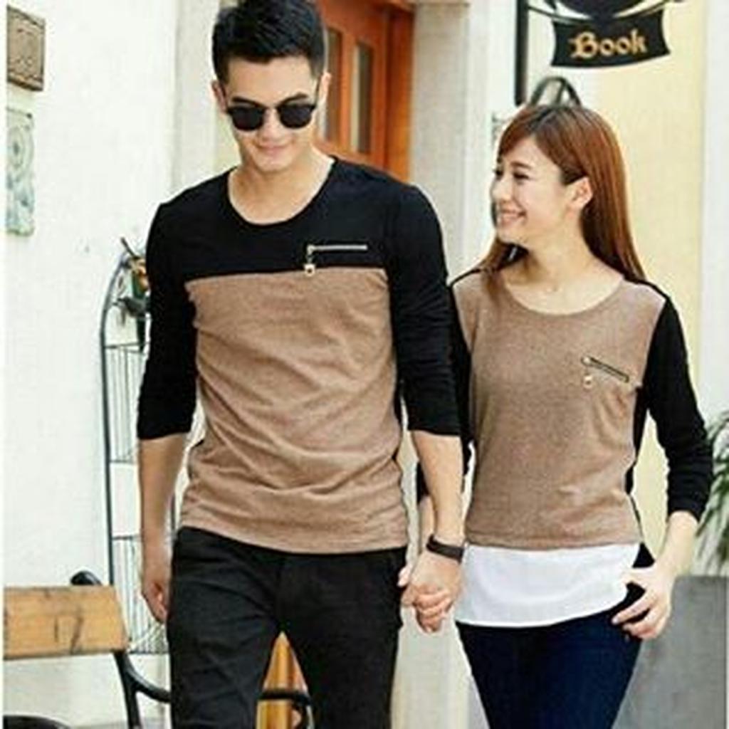 Baju Couple Mocca bebiteri kaos pasangan Cream lengan panjang sleting korea Style Kasual