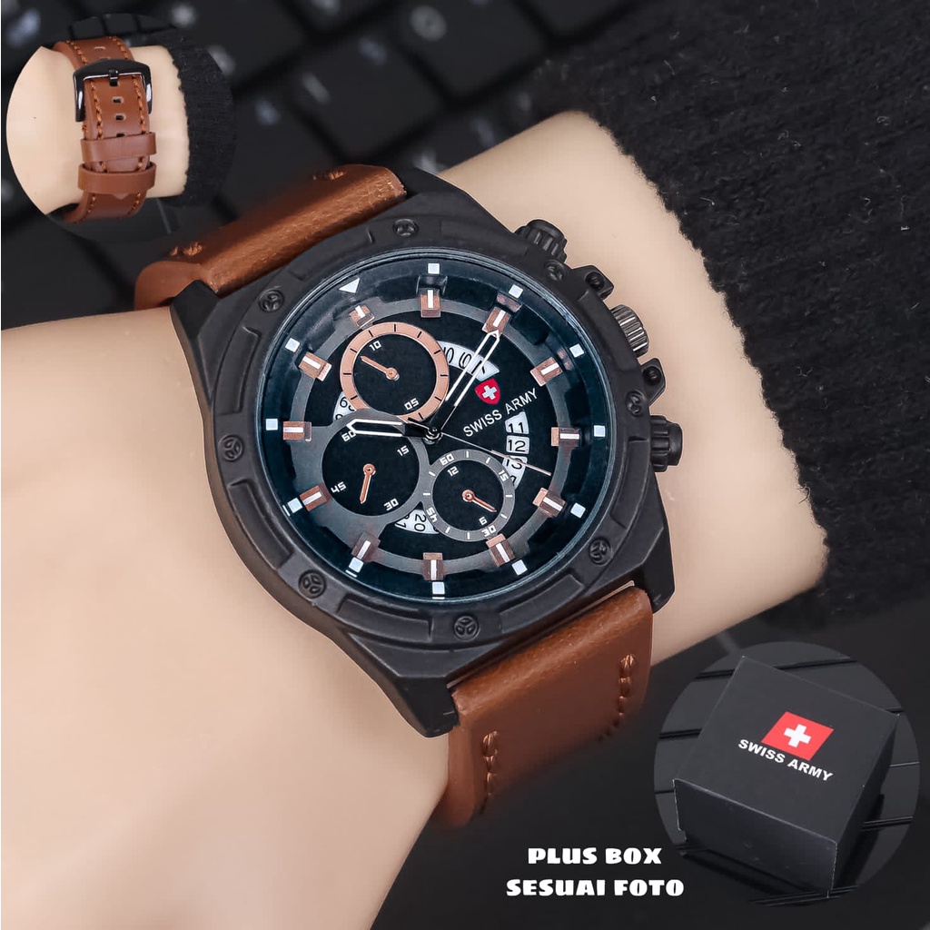 Jam Tangan Pria S2958L Tali Kulit Tanggal Aktif Chrono Variasi Free Box Exclusive &amp; Baterai