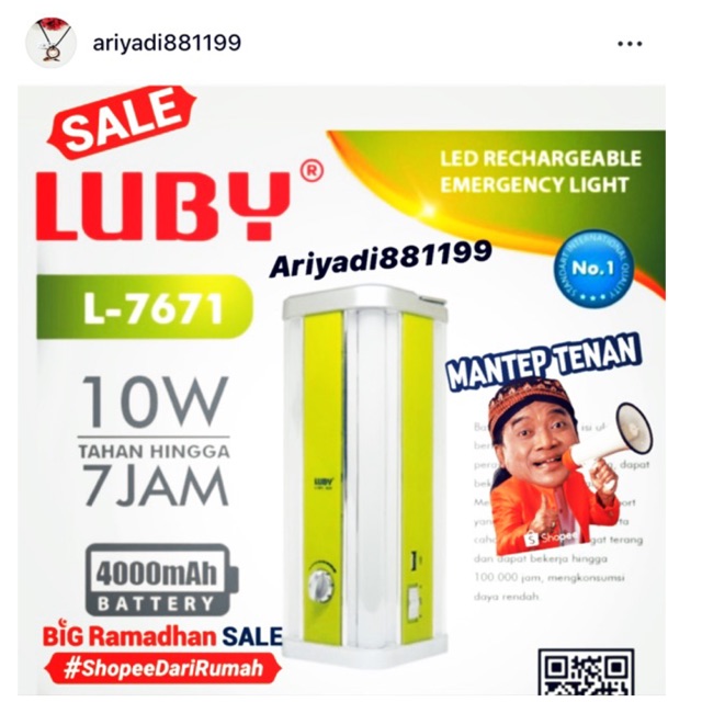 Lampu LUBY L-7671 4 sisi lampu 10W TAHAN 7 JAM Emergency Lamp
