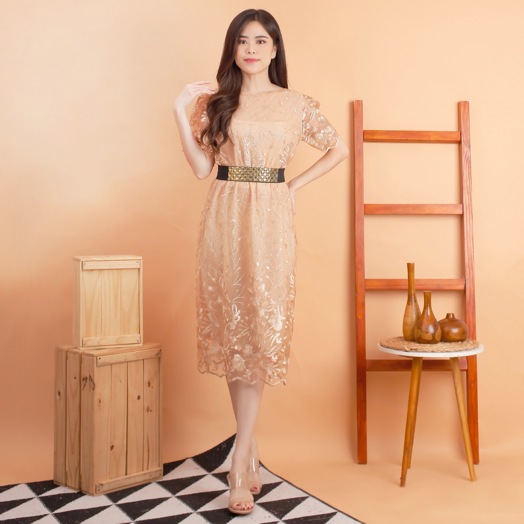 Kathryn collection # 4398, Dres tile bordir gliter mutiara dalaman furing free belt