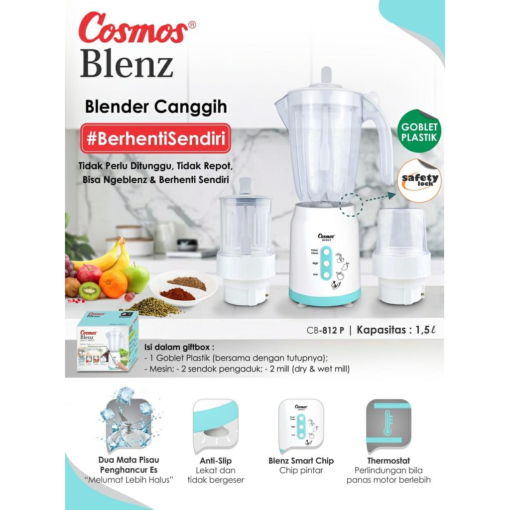 COSMOS Blender Plastik Blez Pintar 1,5 Liter CB 812 P -  Garansi Resmi 1 Tahun