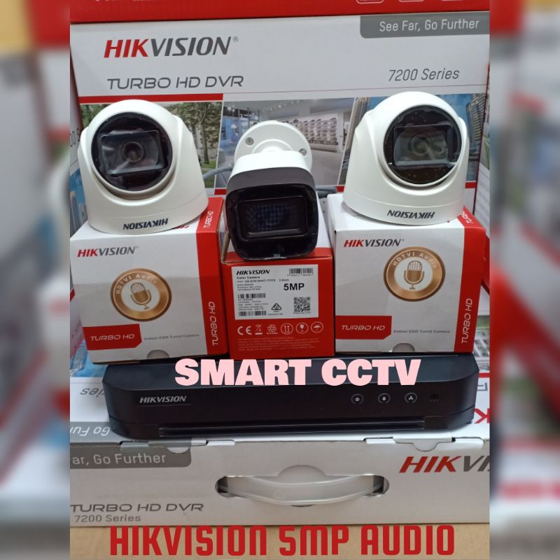 PAKET CCTV HIKVISION 5MP 4 CHANNEL 3 KAMERA NON AUDIO / AUDIO LENGKAP GARANSI RESMI 2 TAHUN