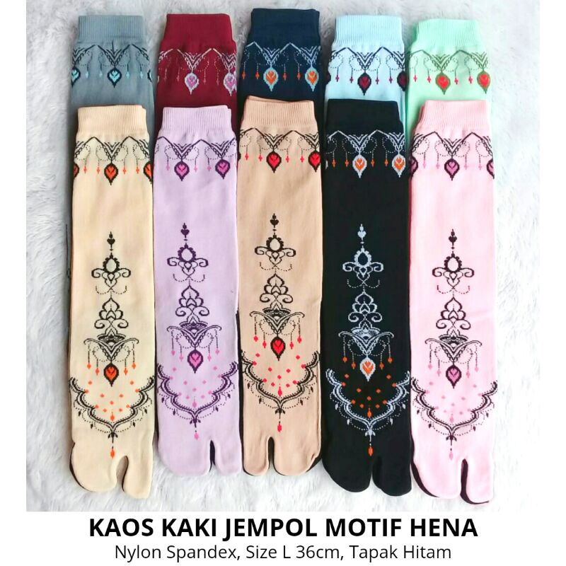 Kaos Kaki Jempol Wanita Muslimah Motif Hena (Nylon Spandex, Tapak Hitam, Size L, Panjang, Murah)