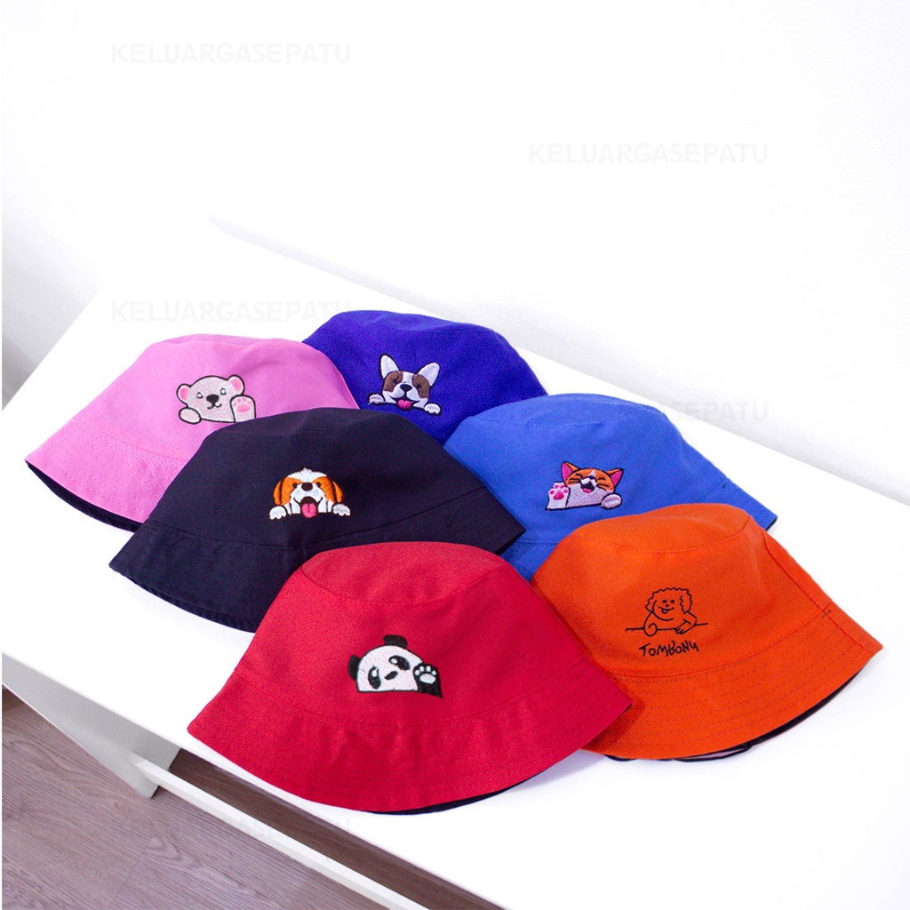 BUCKET ANAK TALI TOPI BUCKET ANAK TALI BORDIR LUCU DAN KEREN MOTIF KARAKTER HEWAN PANDA BEAR DAN KUCING BUCKET ANAK MURAH