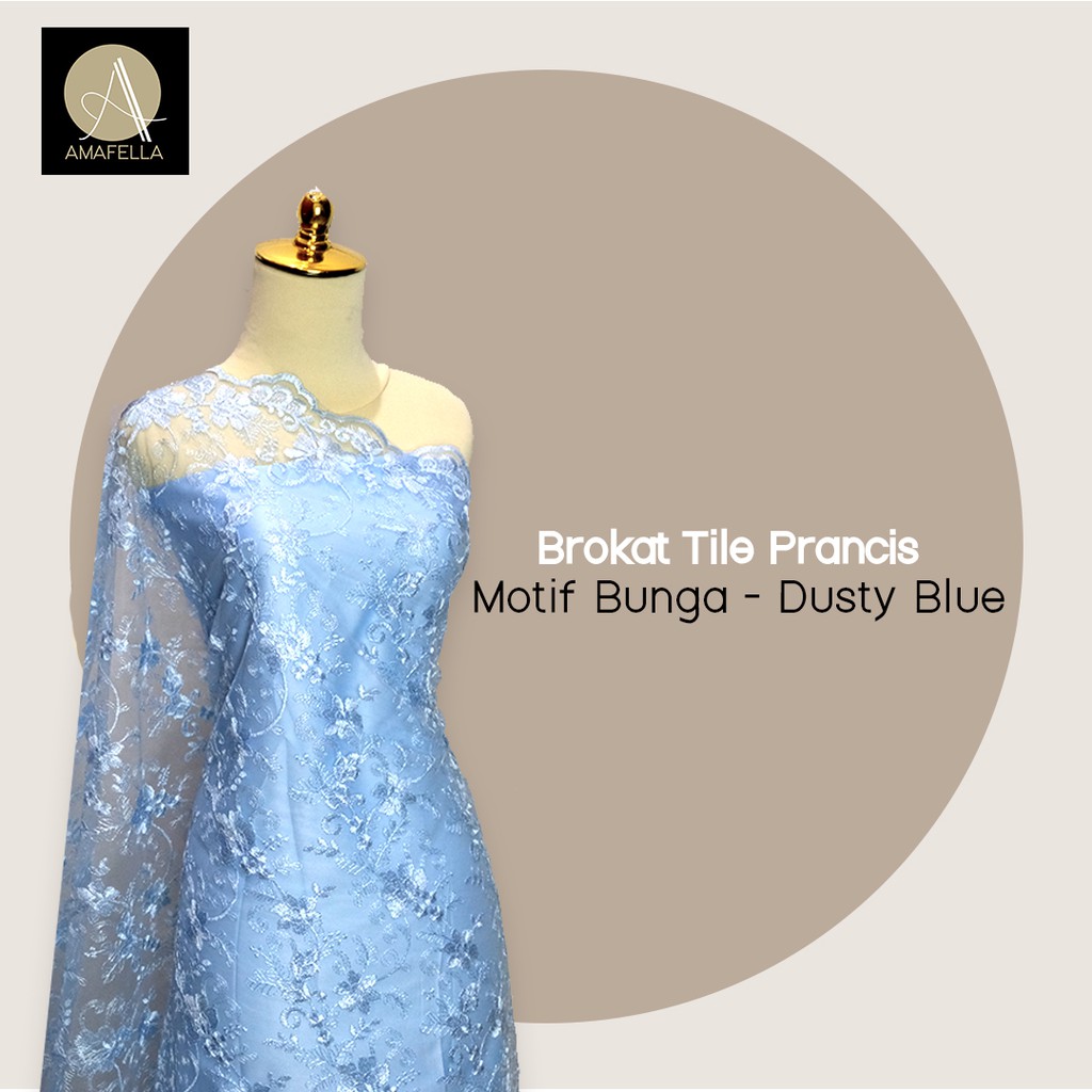 1/2 meter Kain Brokat Tile Prancis Bahan Kebaya Motif Bunga Dusty Blue