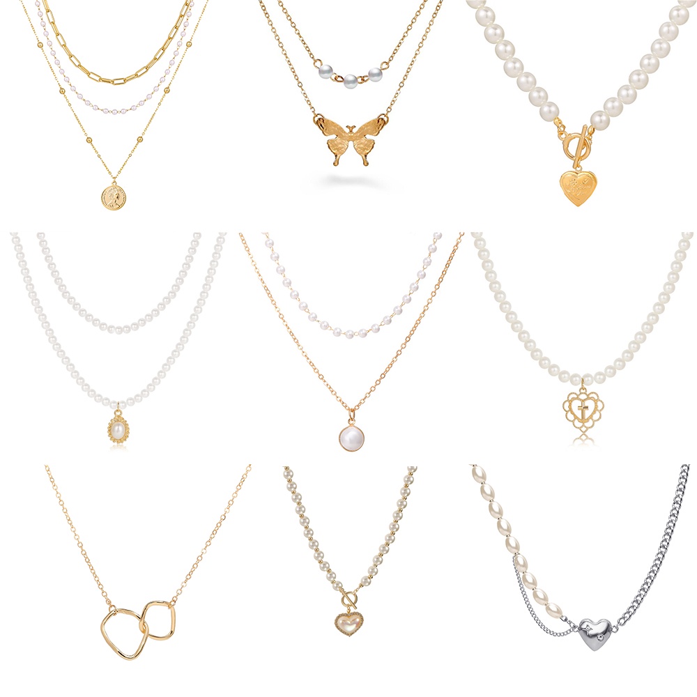 YEEZII Luxury Elegant Pearl Necklace Fashion Butterfly Pendant Gold Necklaces Silver Chain Choker Necklace for Women Accessories Jewelry Gift