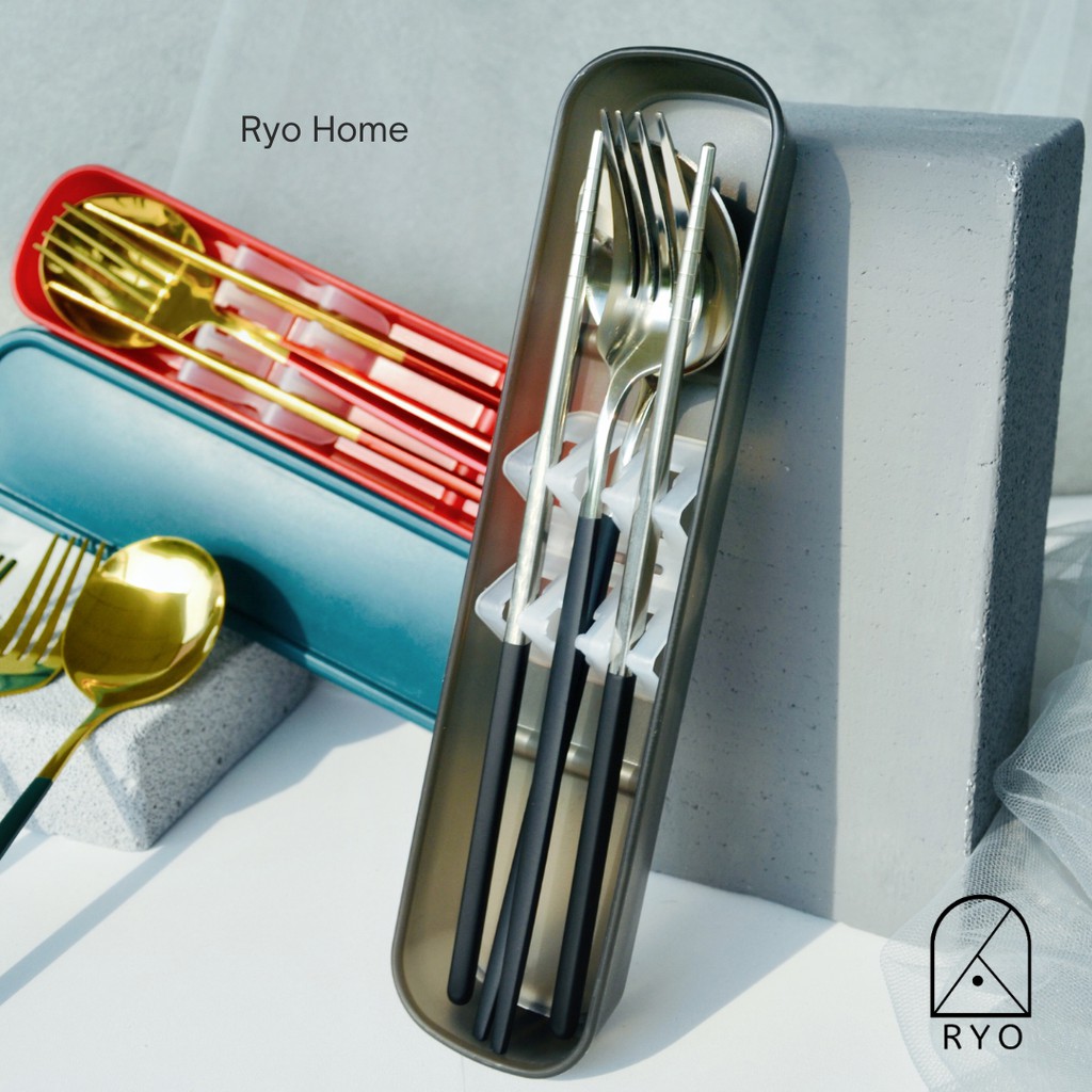 [ RYO ] DIN TRAVEL SET Alat Makan Korea / Sendok Garpu Sumpit dengan Wadah / Spoon Fork Chopsticks /  Peralatan Dapur / Kitchenware-5