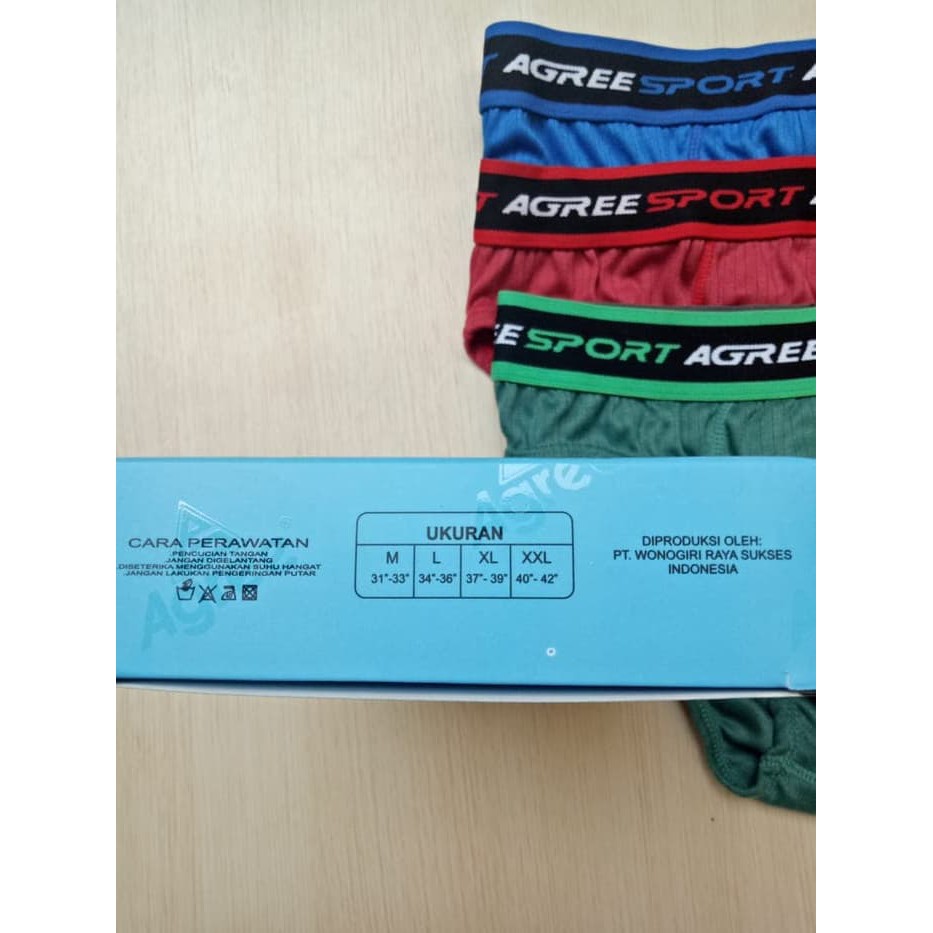 1 Box 3 Pcs Celana Dalam Agree Sport 2308 - CD Pria Dewasa - Karet Boxer - Kotak Biru