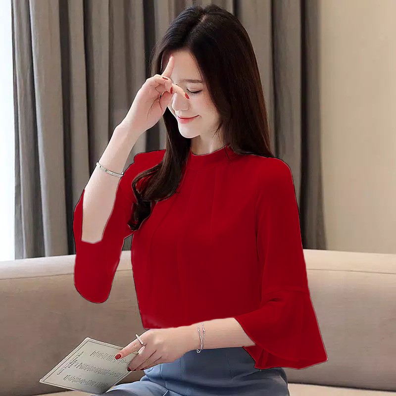 8FA Blouse Putih Korea Style Wanita Model Blus Atasan Kerja Wanita Sifon All Size Jumbo-4