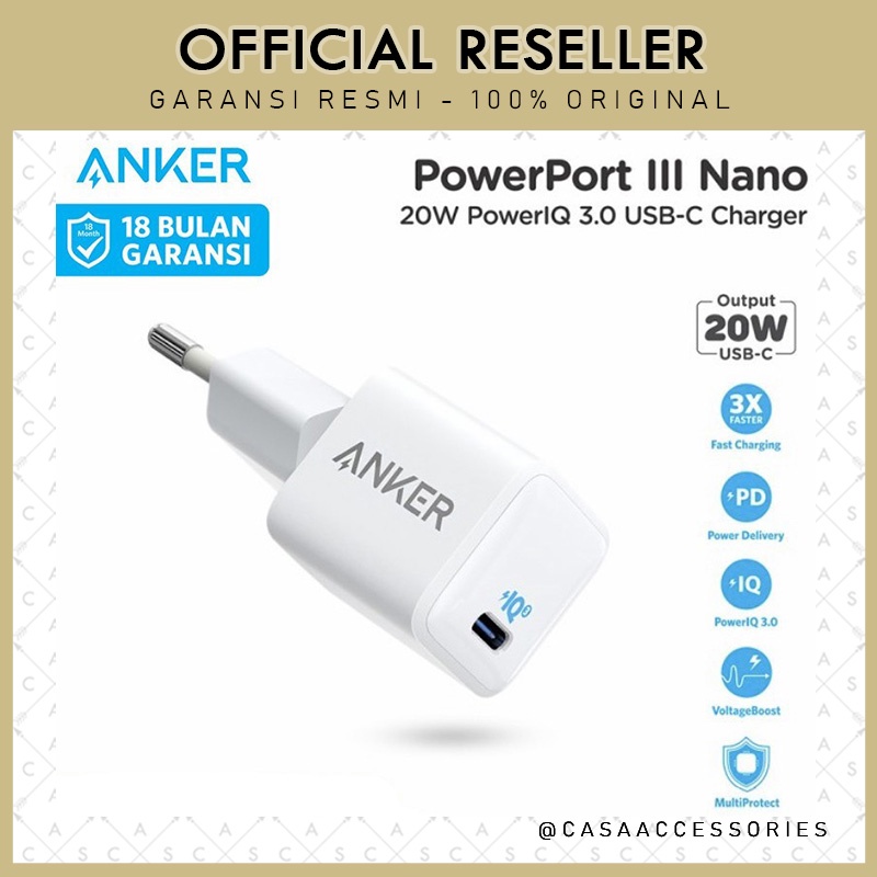 Anker Powerport III Nano - Wall Charger 20W PD - A2633 - Garansi Resmi