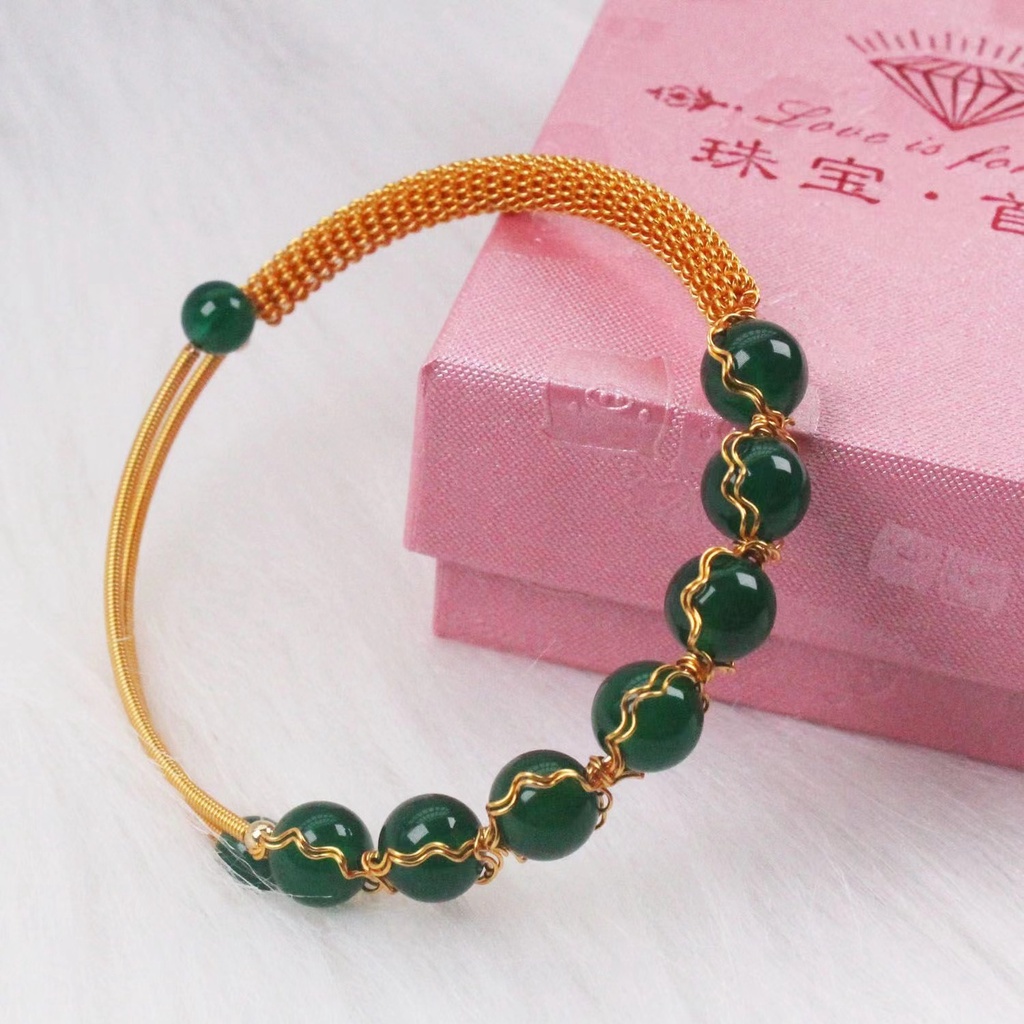 Monica Ice Emperor Chrysoprase Gelang 14K Dibungkus Tangan Dikepang Cincin Gelang Set Pacar Seri