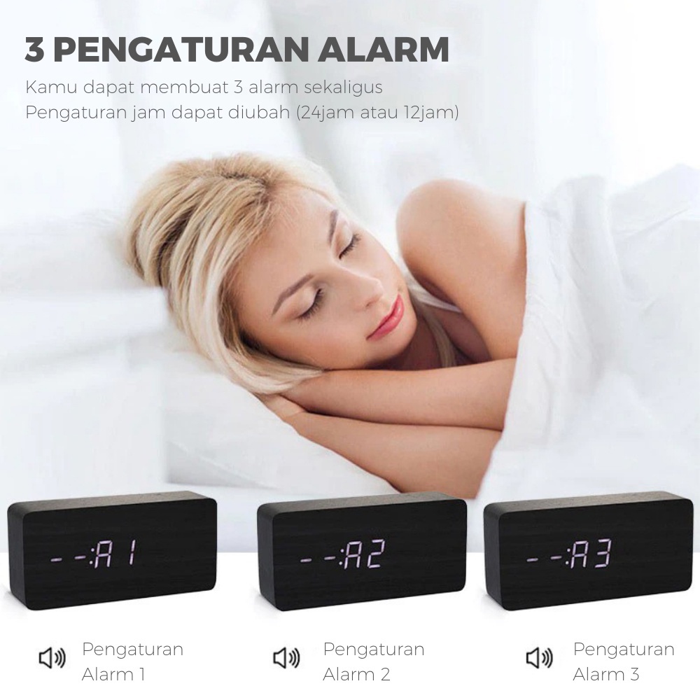 Jam Kayu / Jam Meja Kayu Digital Led / Digital Jam Led / Jam Estetik + SUHU / ESTETIK JAM WEKER / Jam Meja Digital Led Motif Kayu - Wooden Table Clock Voice Control