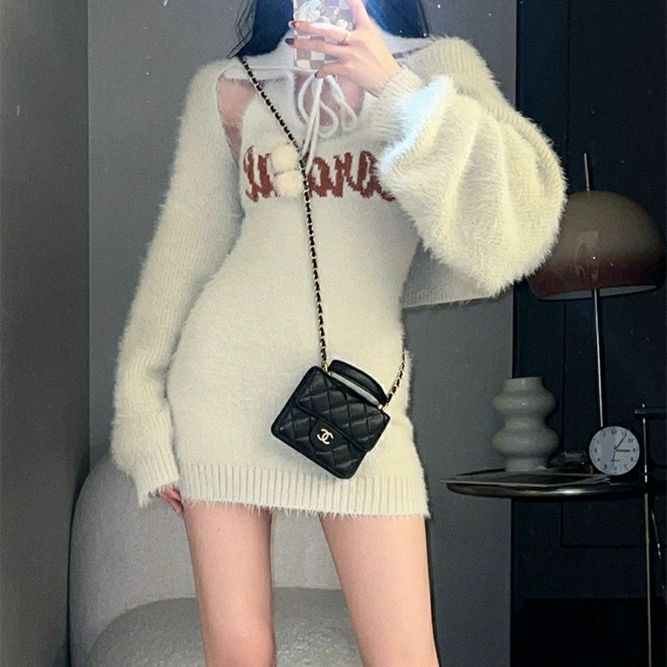 impor [48 jam pengiriman] bibi barbie baru halterneck rajutan gaun mid-length seksi kardigan sweater