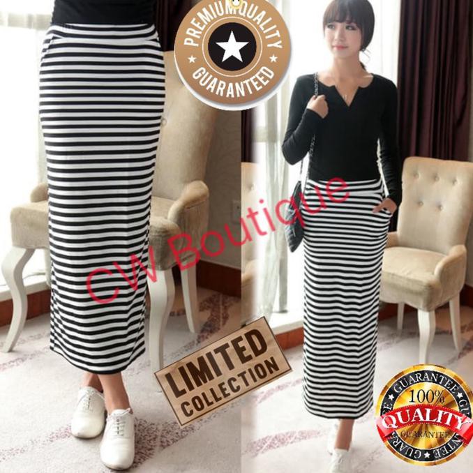 Barang Berkualitas Rok Panjang Hitam Putih Garis Stripe (AF SK 01) BARANG BAGUS