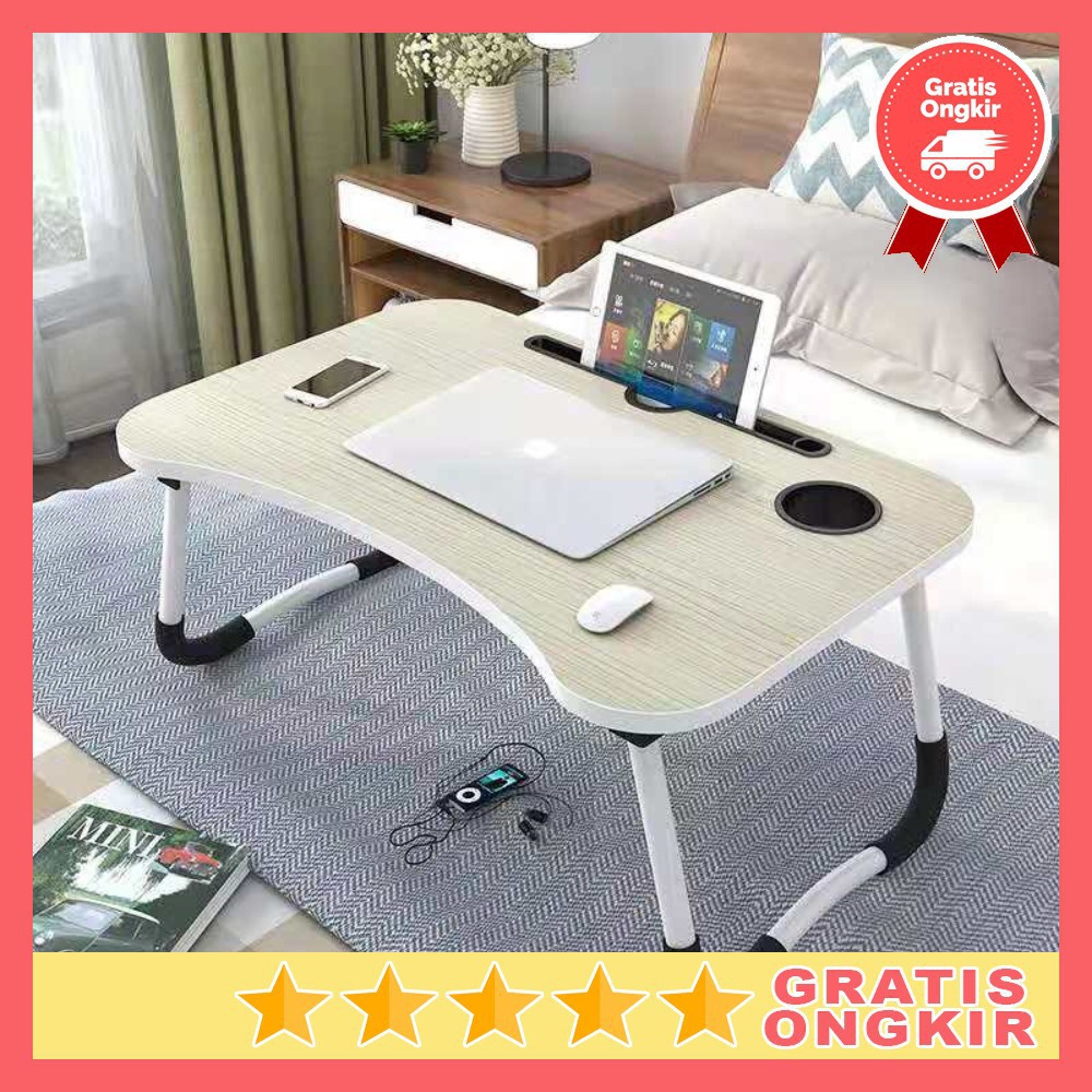 Grab Medan Meja Belajar Laptop Lipat Portable Desk + Tempat Botol Minum L62 NWDESK Wooden