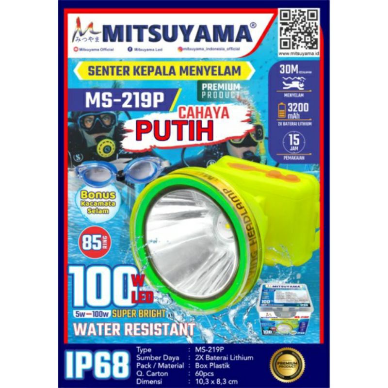 Senter Kepala  Selam LED Super Terang LAMPU PUTIH 100 Watt bonus kaca mata slam Ms 219p