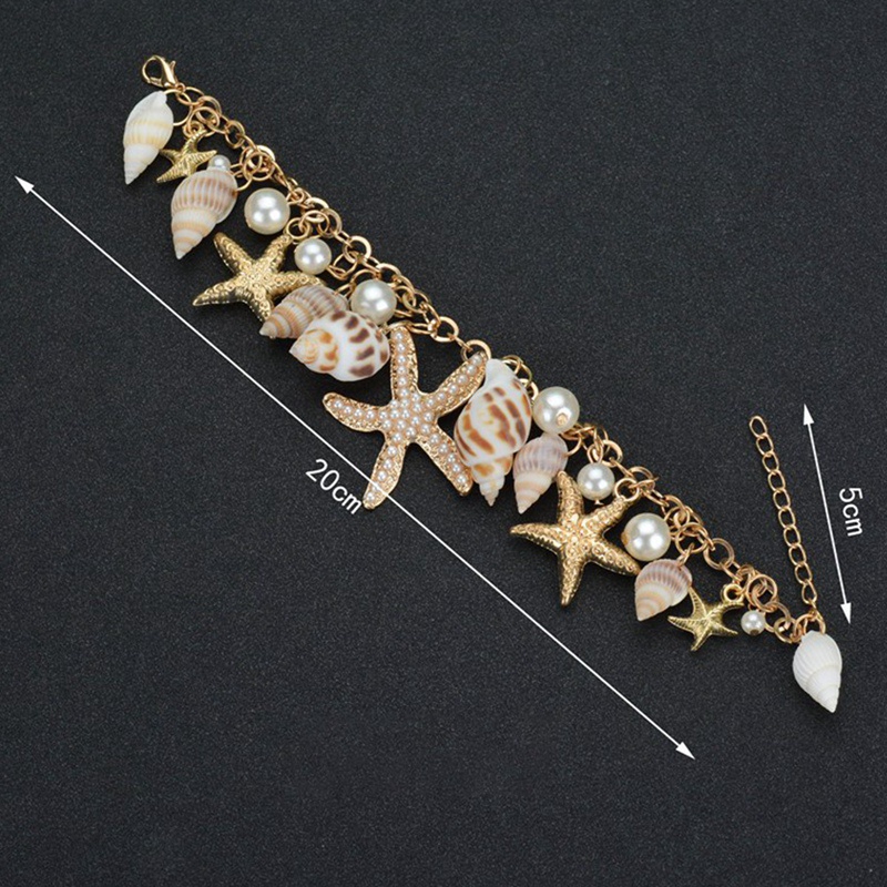 Ocean Style Multi Starfish Sea Star Conch Shell Pearl Chain Beach Bracelet Bangle