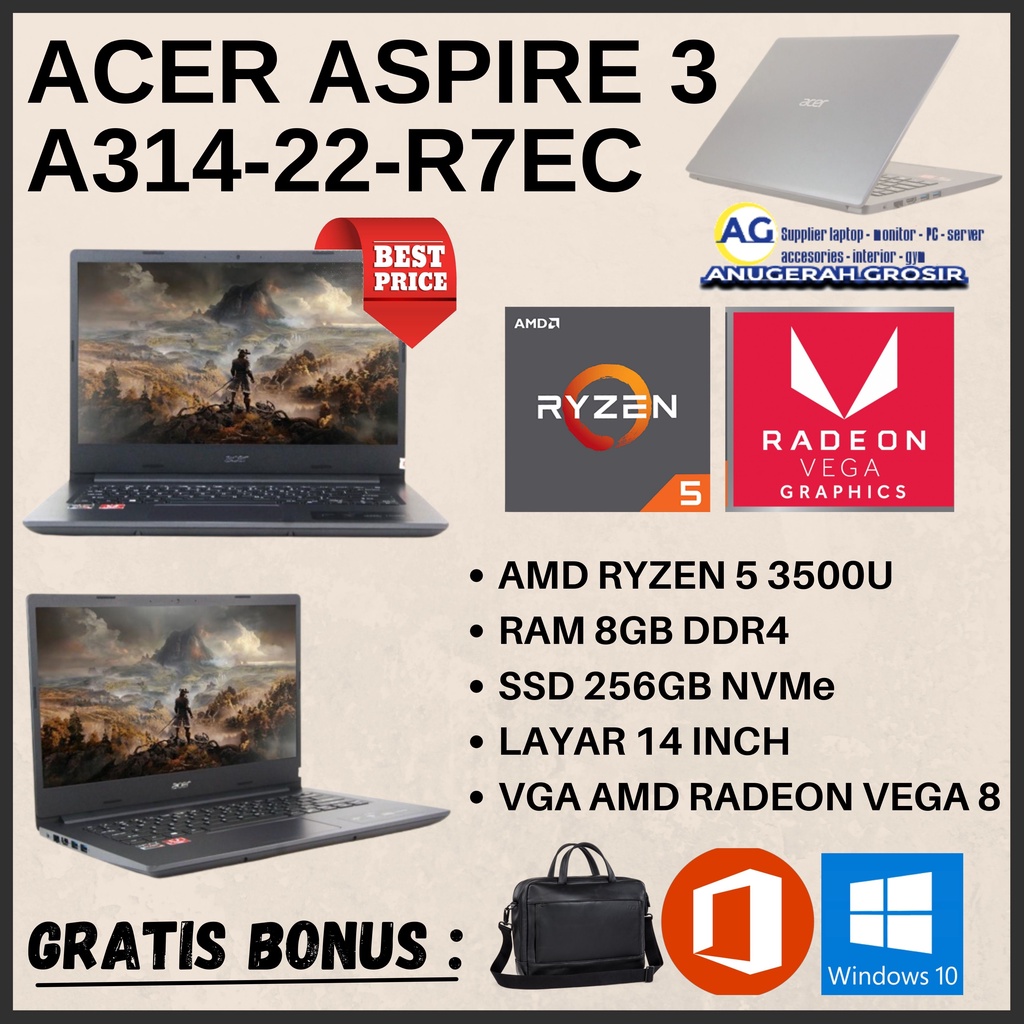 laptop design gaming acer aspire 3 a314 22 r7ec ryzen 5 3500u ram 8gb ssd 256gb 14 inch vga radeon v