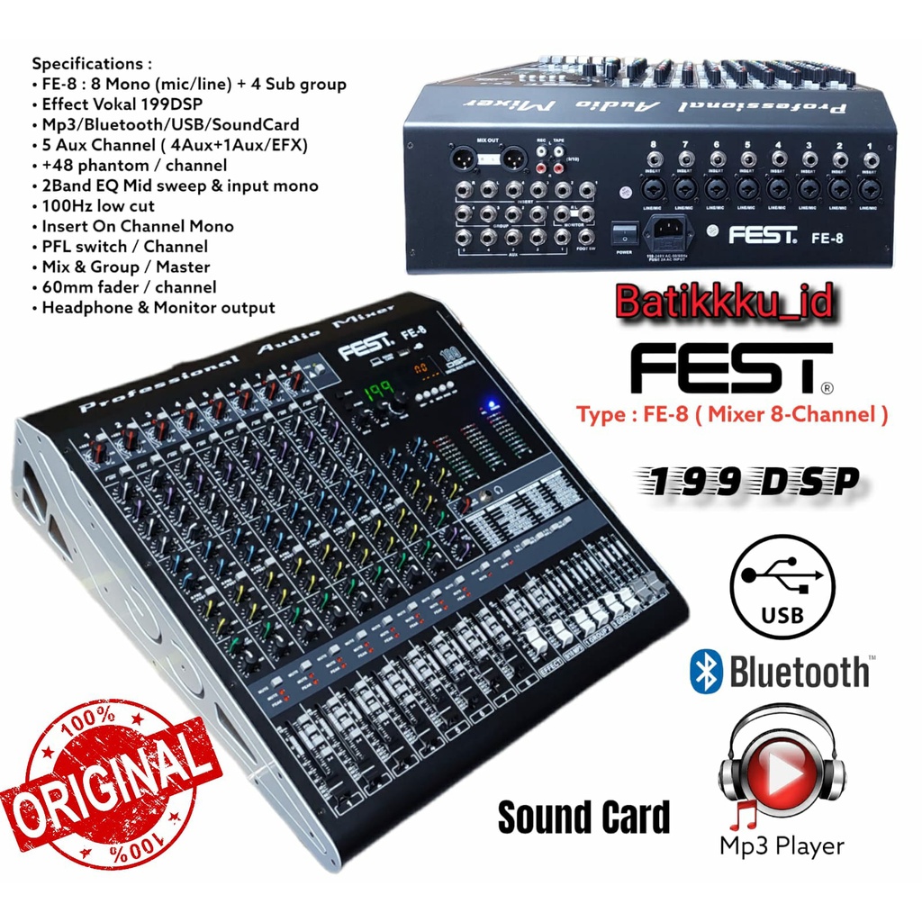 Mixer FEST FE 8 FE8 8CH ORIGINAL EFFECT VOCAL ALESIS 199DSP EDIT A EDIT B BISA BLUETOOTH USB SOUNDCA