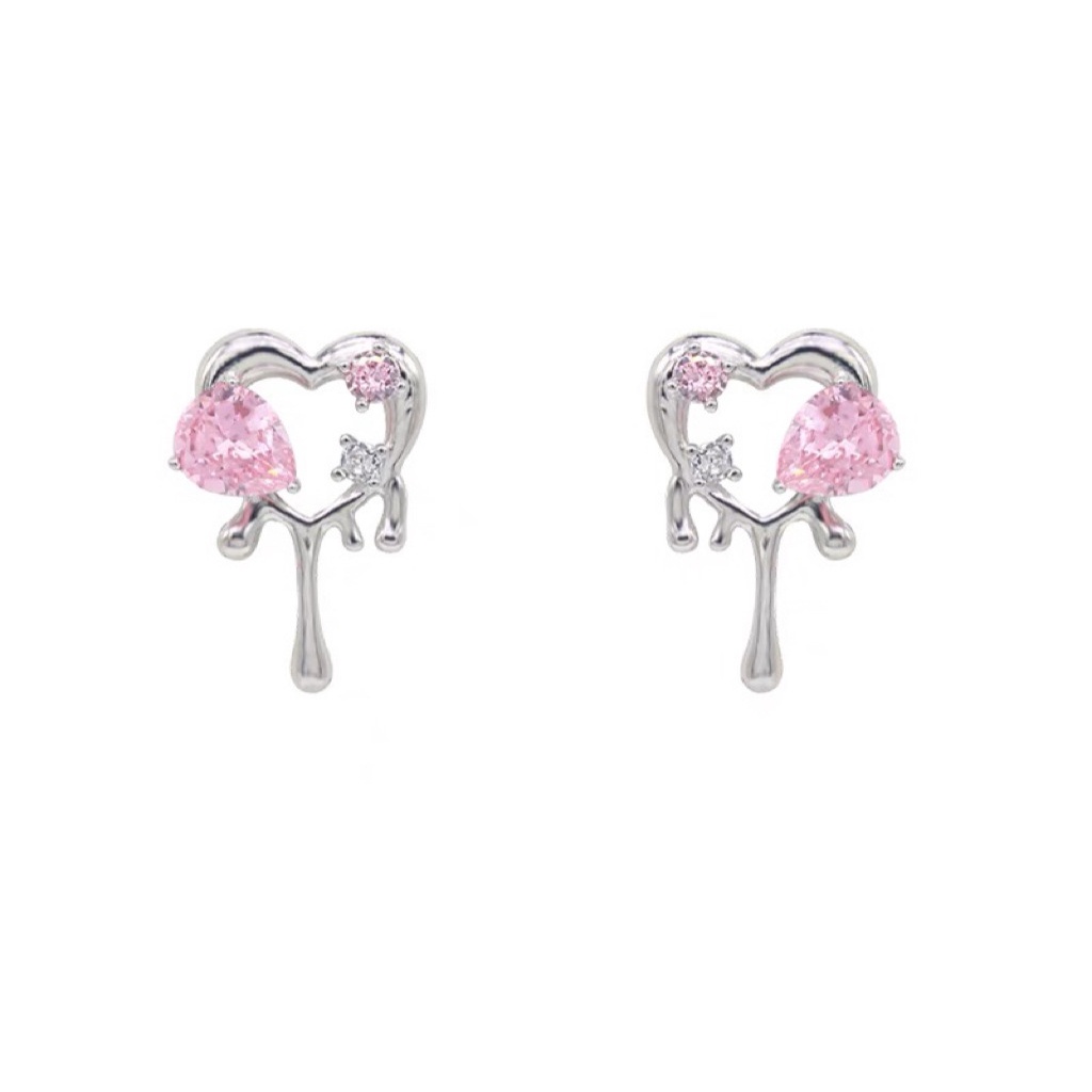 YEEZII Anting Stud Kristal Bentuk Hati Warna Hitam Pink Bahan Silver Untuk Wanita