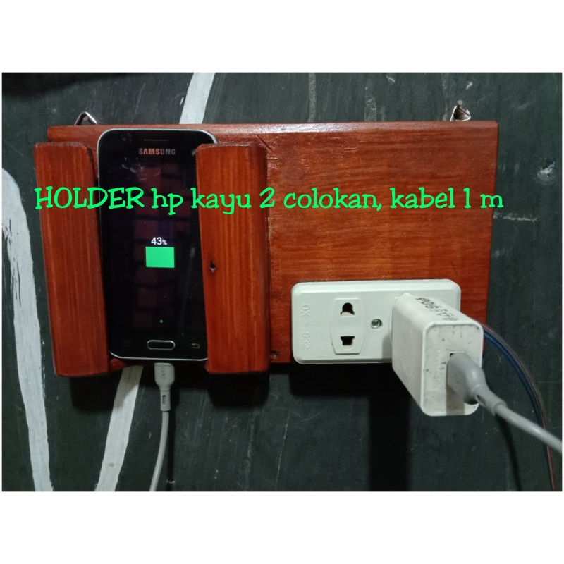 tempel Dinding/rak  tempat cas hp charger kayu COLOKAN dua, kabel 1m