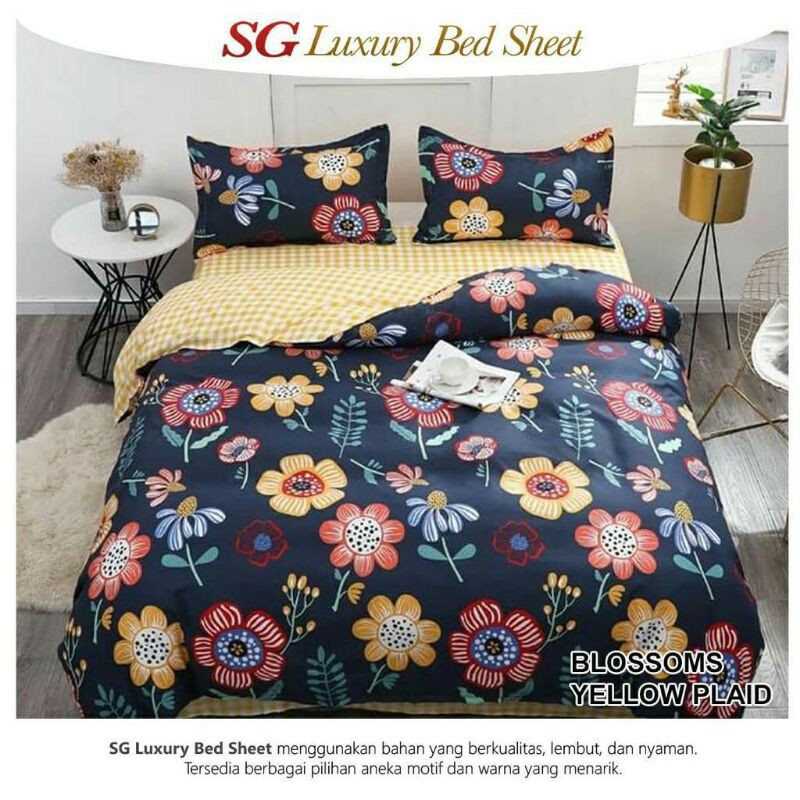Sprei & Badcover katun lokal SG LUXURY BED SHEET motif BLOSSOMS YELLOW PLAID