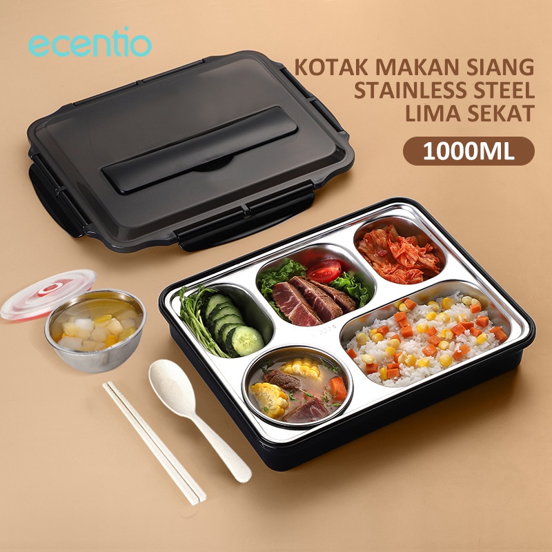 ecentio kotak makan stainless steel 5 grid dengan sendok sumpit gratis berbahan anti tumpah lunch box kotak bento