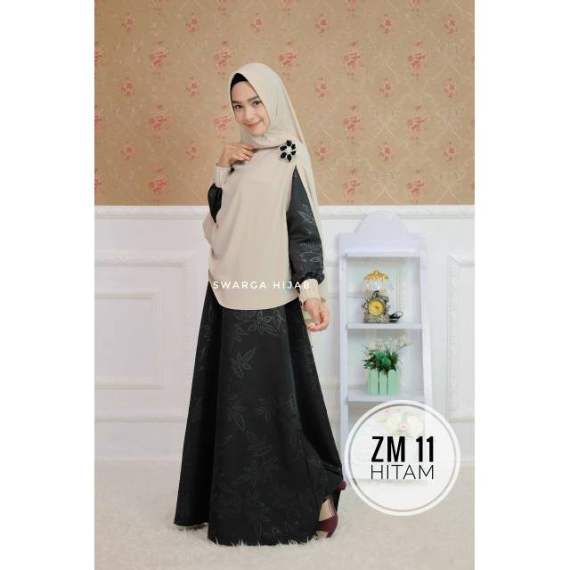 Gamis Zahrani Motif, ZM 11 Hitam, Bahan Balotely  Original by Swarga Hijab