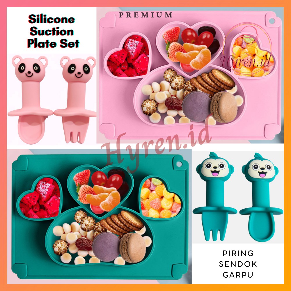 Hyren.id S15 Silicone Feeding Set Piring Bayi Suction Love Sendok Garpu Tempat Makan Silikon Anti Slip Tumpah Hati Heart Baby Plate Premium Balita Anak Lucu Cute Kartun Pink Green Hijau