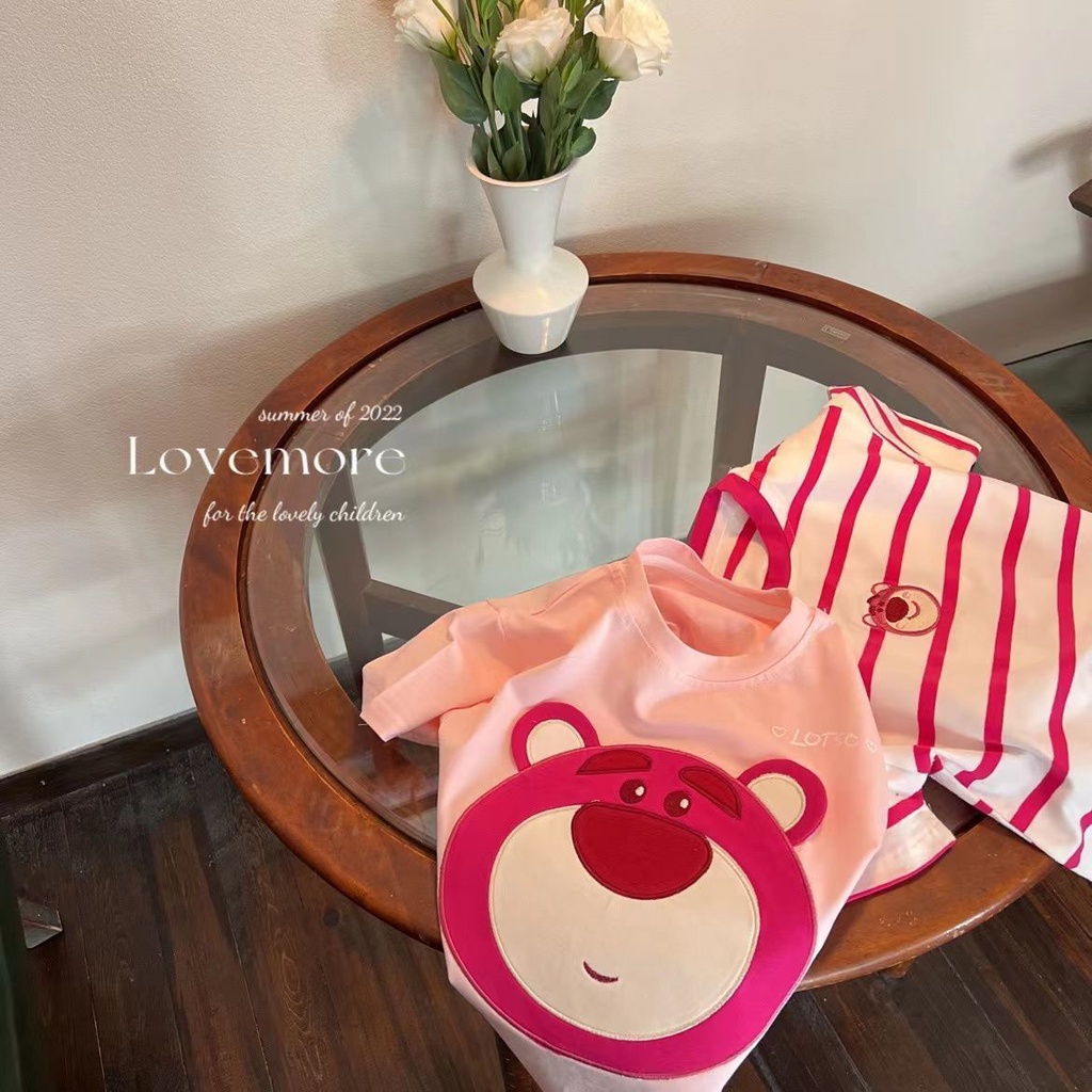 [PRINCESS KESLI] 1-9 Tahun Kaos Lotso Anak Perempuan Salur Bear Bordir T-shirt Kartun Kasual Leher Bulat