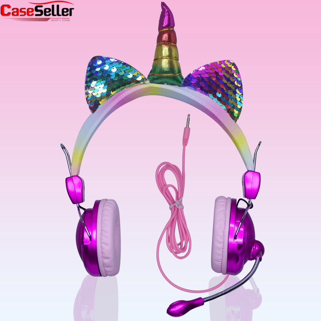 Headphone Unicorn OS Diamond + Mic Candy Glitter Bando Glamor Headset Anak Headphone Bass Lucu Bertanduk CaseSeller