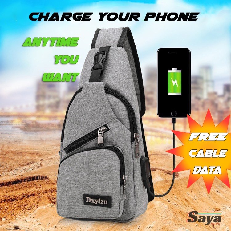 Sling Bag + USB Port Cable Tas Selempang Kanvas Pria HP Charger BA817