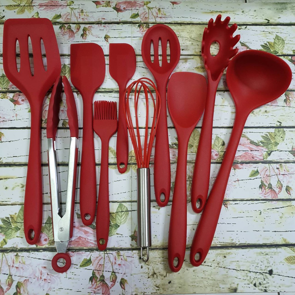 Set spatula isi 10 red sutil kuas whisk sodet tongs capit centong tahan panas food grade with gelas