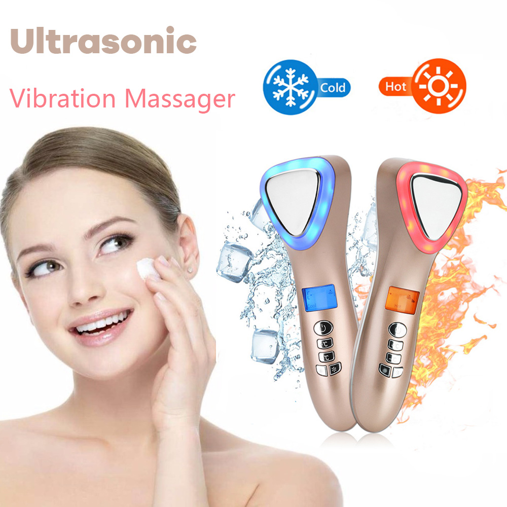 Ultrasonic Cryotherapy LED Hot Cold Hammer Facial Lifting Vibration Massager Face