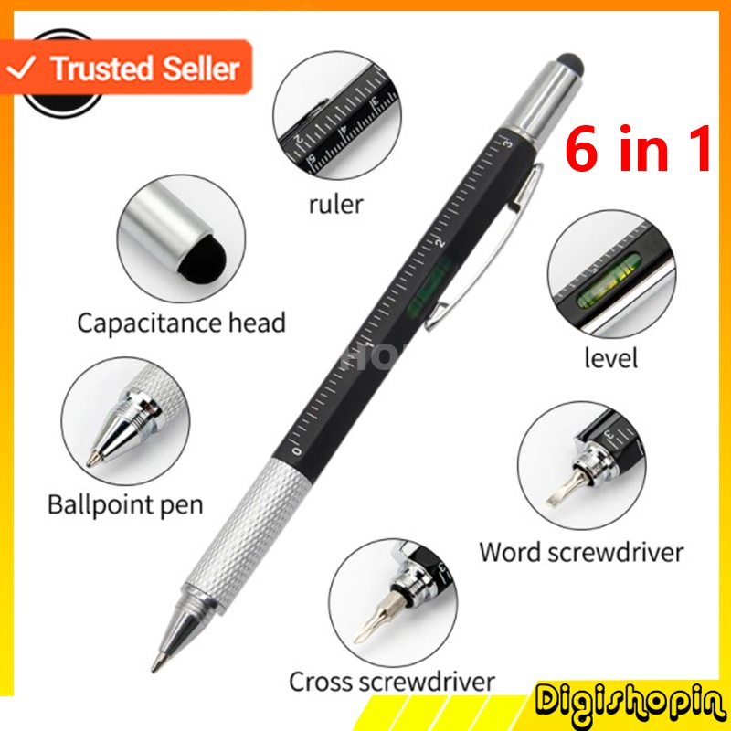 

Pulpen Stylus Layar Sentuh 6 In 1 Multifungsi dengan Obeng + Penggaris / Ballpoint Pen with Modern Handheld Tool Measure Technical Ruler Screwdriver Touch Screen Stylus Spirit Level